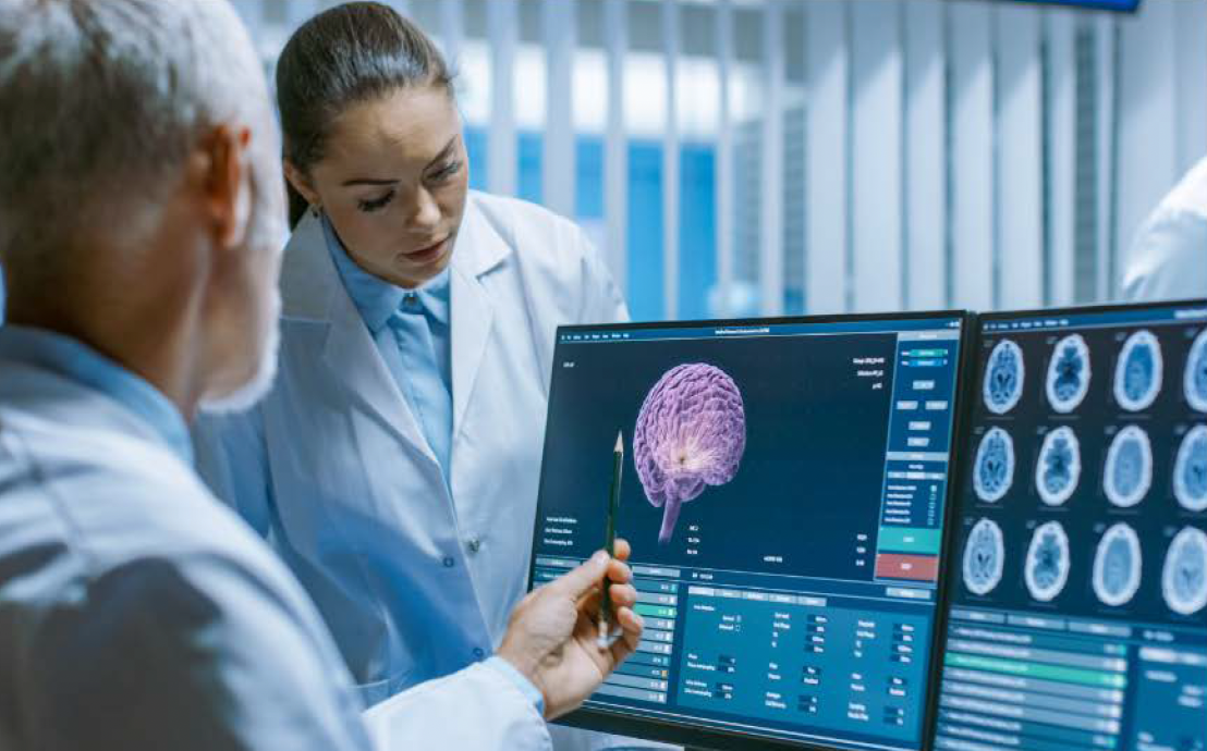 Two physicians examine an MRI scan on the computer screen.